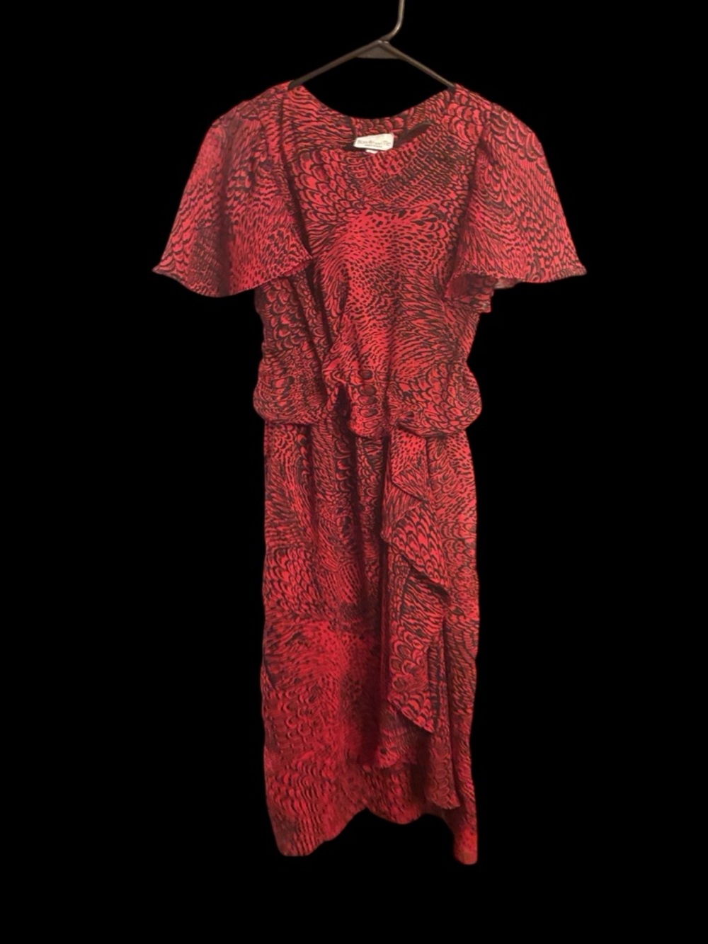Vintage 1980’s Trad Goth/ Glam Goth Red Printed Midi Dress with Flutter Sleeve